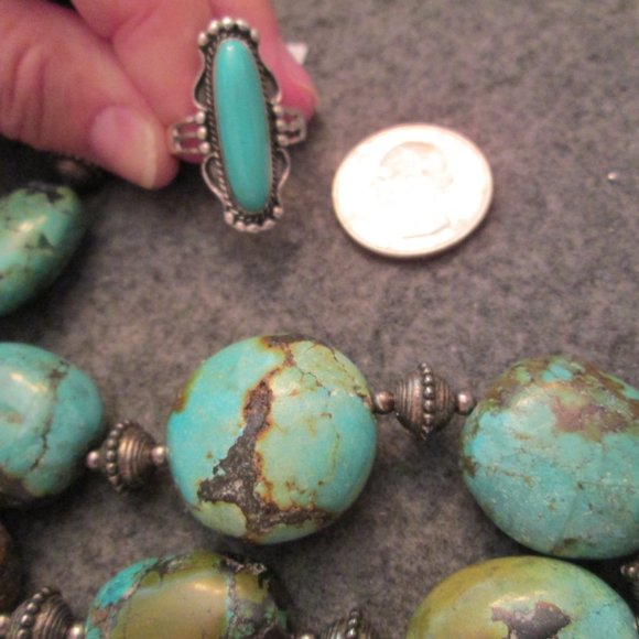 Native American 925 Sterling & Turquoise Elongated Oval Ring, Turquoise Ring - Picture 8 of 13